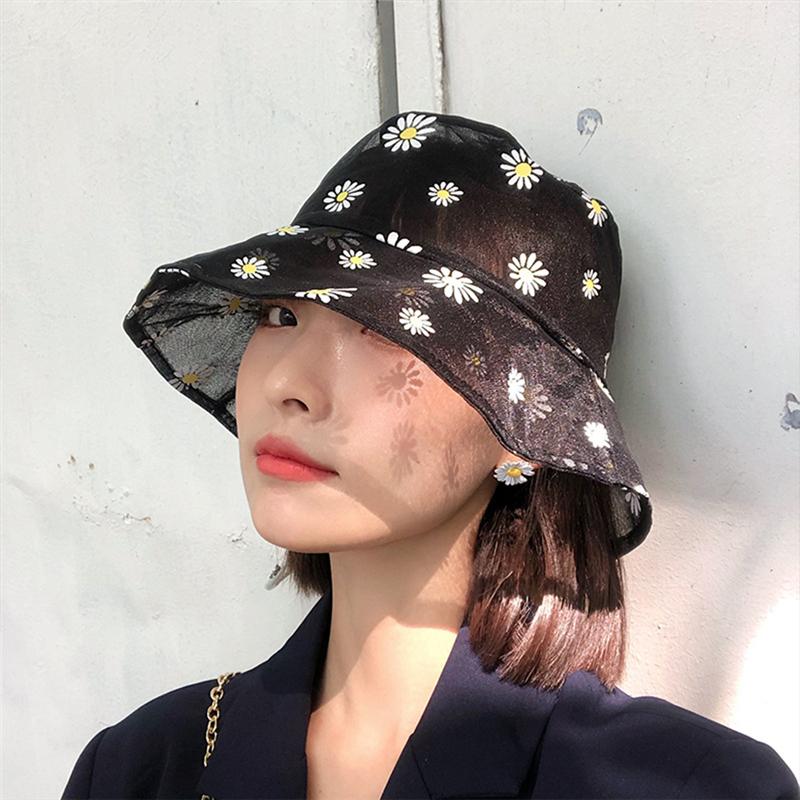 

Fashion Small Fresh Daisy Sun Cap Ladies Daisies Embroidered Bucket Hat Women Transparent Panama Lace Flower Hats For Femme, Black