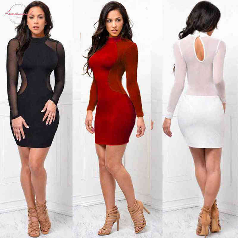 Women dresses See Through O Neck Long Sleeve Bandage Bodycon Evening Sexy Party Short Above Knee Mini Dress-image-537435997