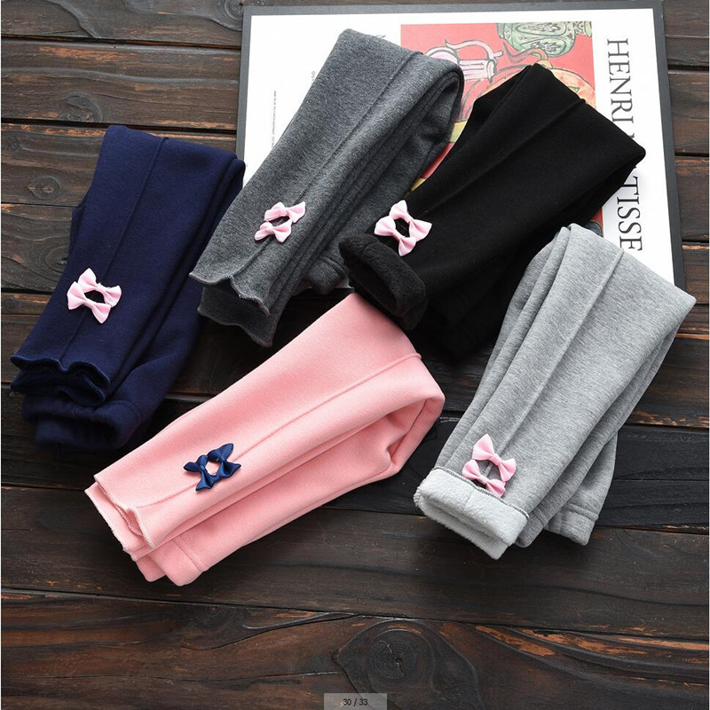 

Korean Kids Plus velvet Legging Girls Bow Decoration Trousers Autumn Winter Child Solid color Elasticity Slim Girls Pants LJ201019, Dark gray