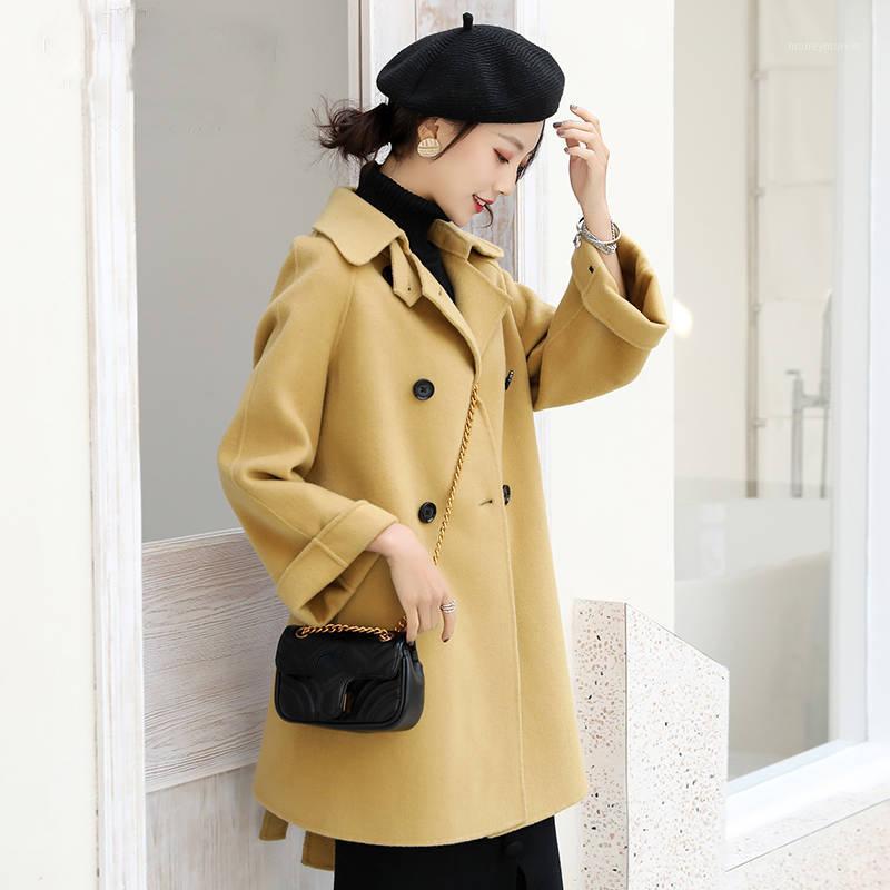 

2019 New Autumn Winter Women Korean Slim Long 100% Cashmere Wool Blend Coat With Belt Female Elegant A-Line Woolen Jacket R1061, Xin feng se