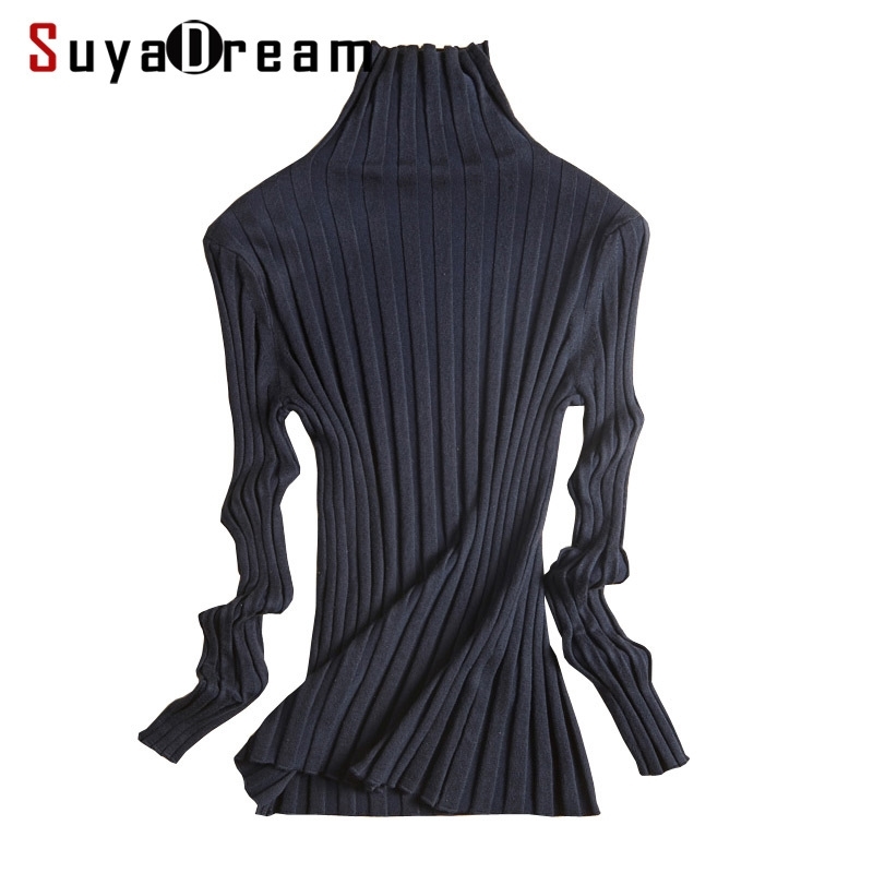 

SuyaDream Women Turtleneck Ribs Pullovers Solid Slim Fit Sweaters 70%Silk 15%Cashmere 15%Nylon Fall Winter Knit Top 201030, Black