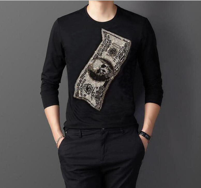

2020 Autumn Men Tops the Neck Male Tshirts Streetwear Diamond Design Stone Long Tshirt Hot Casual Drill 2abq, The picture shown