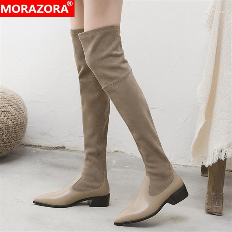 

MORAZORA 2020 hot sale genuine leather shoes women over the knee thigh high boots pointed toe autumn Stretch boots female1, Khaki