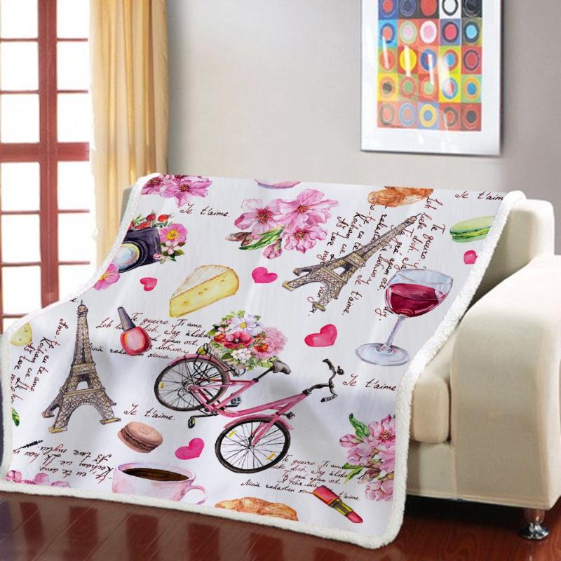 

Romantic Paris Sherpa Fleece Soft Blanket on Sofa Bed France Tower Bicycle Picnic Travel Plush Throw Blanket Christmas Gift