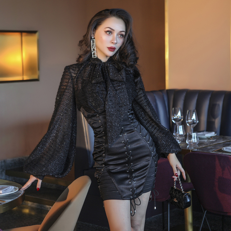 

2021 New Le Palais Vintage Elegant Winter Ultra High Drapeated Bandage Lower Very Sexy Adjustable Dress F5J2, Black