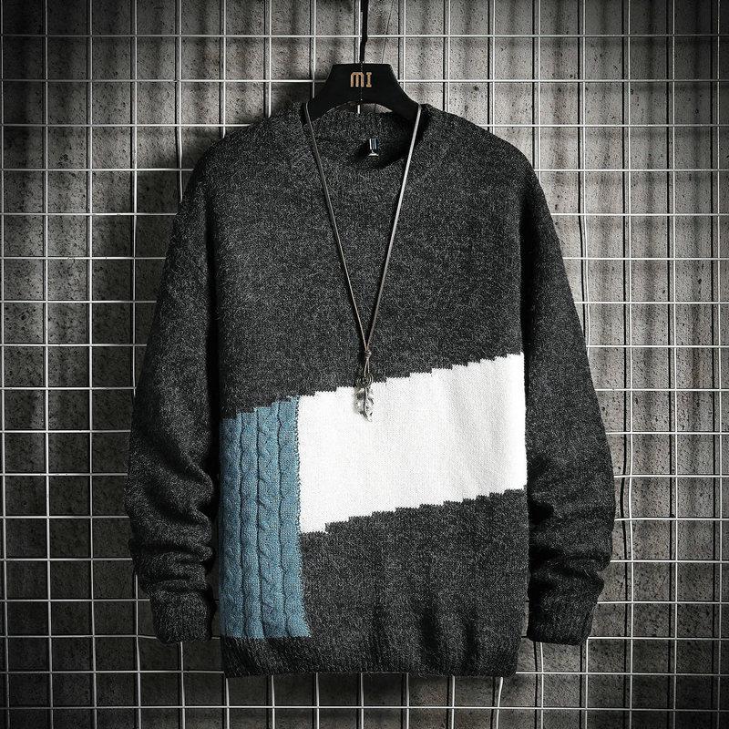 

2021Spring Top New Men ' Sweater O-Neck Fit Mens Sweaters Pullovers Men Patchwork, Black