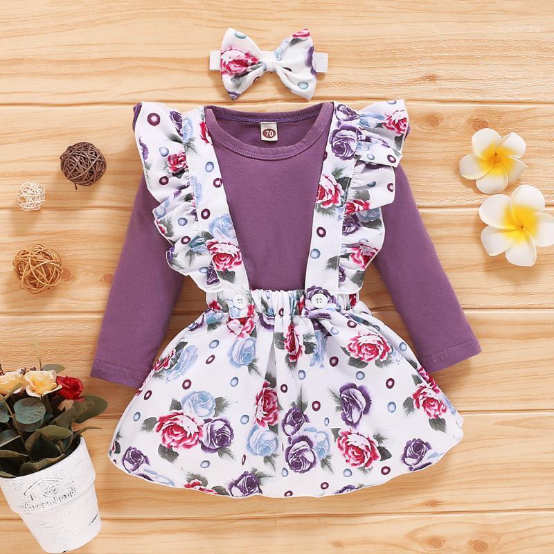 

Infant Baby Girls Solid floral printing Romper Bodysuit+Ruffle winter ;ong sleeve Suspender Skirts Outfits for newborn baby set1, Purple