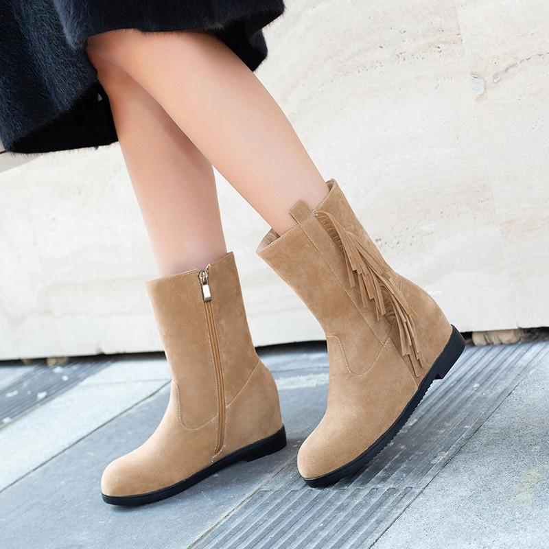 

YMECHIC Winter Footwear Woman Fringe Ladies Ankle Boots Black Yellow Green Suede Height Increasing Girls Short Booties Plus Size