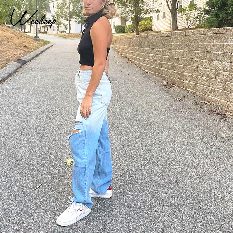 

Weekeep 90s Retro High Waist Hole Jeans Women Streetwear Tie Dye Straight Long Pants Fashion Activewear Korean Denim Cargo Pants, Blue