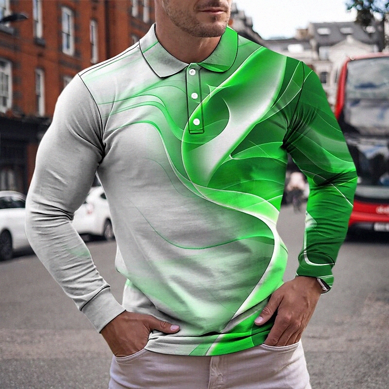 Men's Golf Shirt 3D Print Gradient Collar Casual Daily Button-Down Print Long Sleeve Tops Casual Fashion Cool Breathable Green Blue Purple /