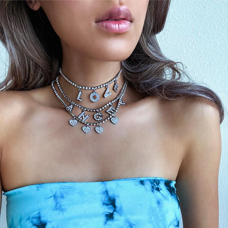 

Chokers Bohemian Pendant Necklace Cuban Link Chain Choker For Women Girls Letter Bling Hip Hop Statement Jewelry