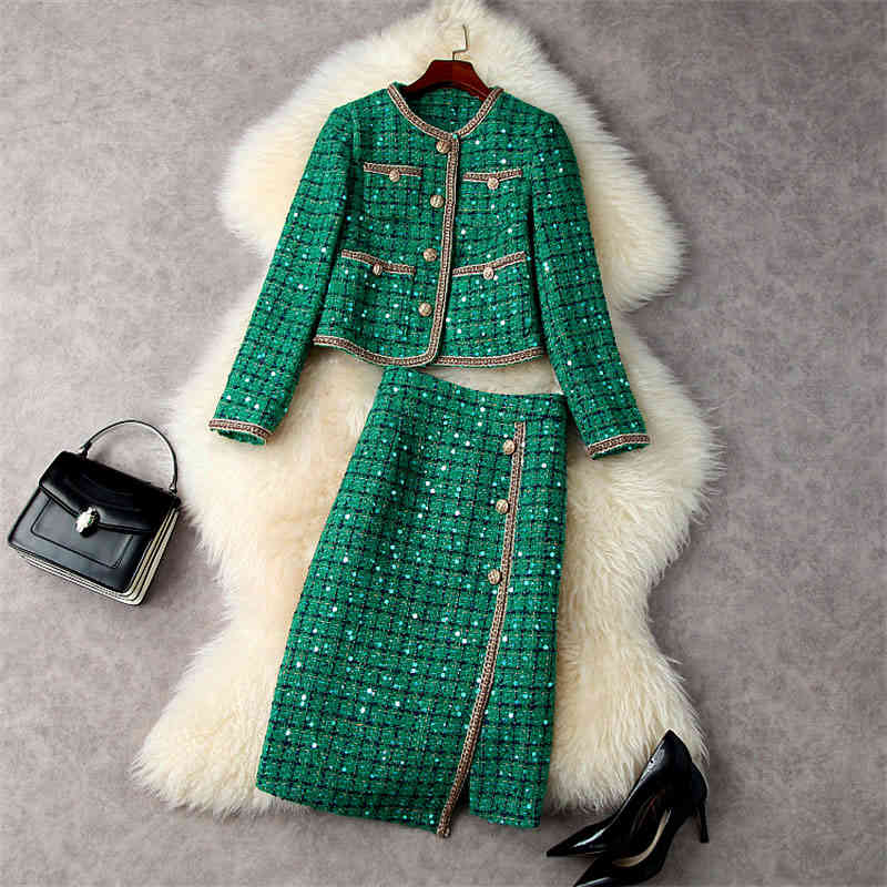 

Designer Fashion Women's Suit with Skirt Winter 2021 Luxury Green Sequins Tweed Jacket and Plaid Elegant Party Outfits
