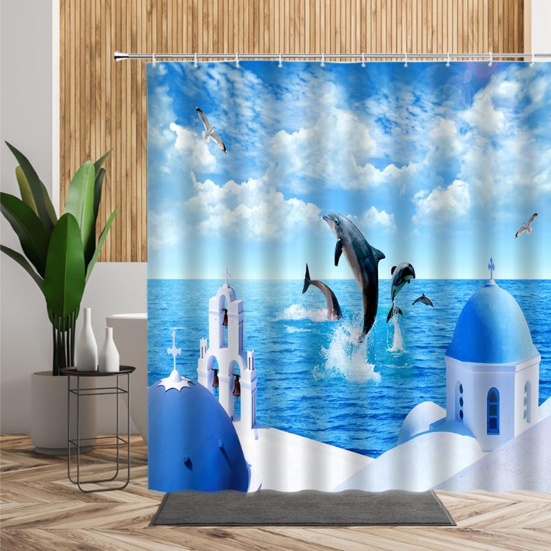 

Greece Coastal City Bathroom Shower Curtain Castle Dolphin Creative Bath Home Decors Sea Scenery Fabric Living Room Curtains Set