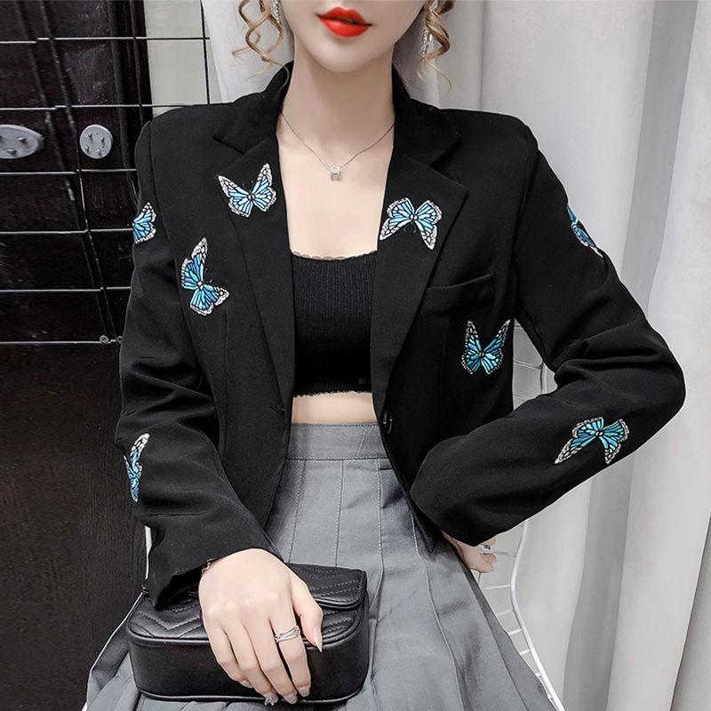 

New Spring Autumn Fashion Casual Notched Embroidery Butterfly Long Sleeve With Chain Single Breasted Blazer Coats Women Outwears, Black