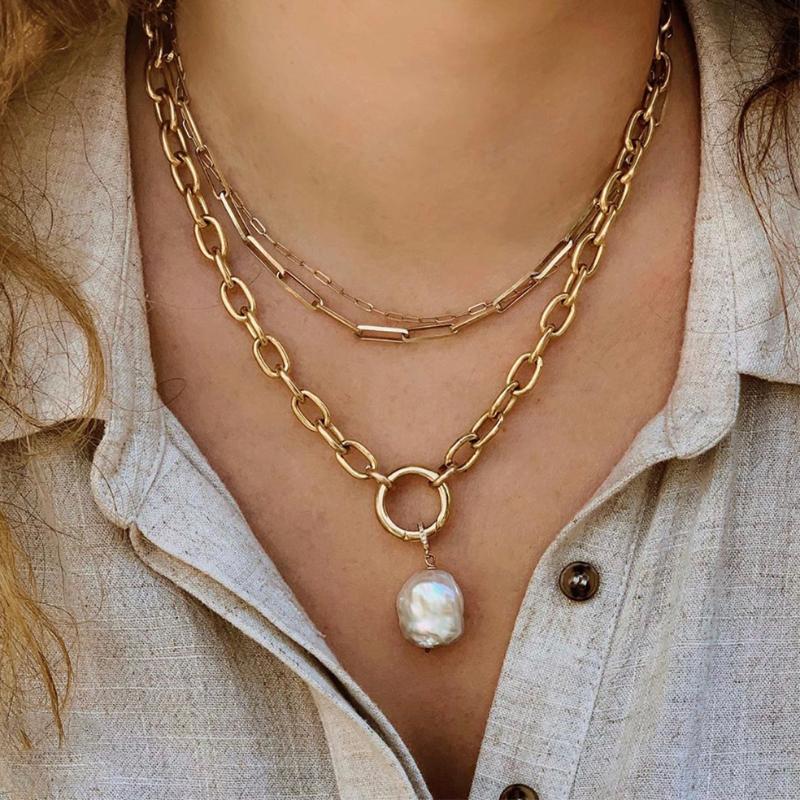 

New Trendy Metal Link Chains Choker Necklace for Women Punk Thick Chains Big Pearl Pendant Necklace Gothic Party Jewelry