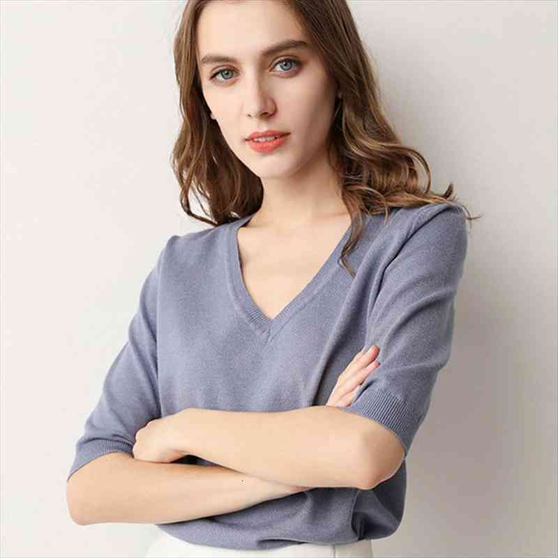 

ladies spring summer women sweaters pullovers solid v neck half sleeve knitted jumper thin soft slim casual sweater female, White;black