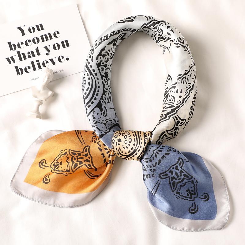 

Women Silk Scarf Square Neck Hair Scarfs Print Foulard Female Neckerchief Fashion Ring Shawl Office Ladies Hijab 2020
