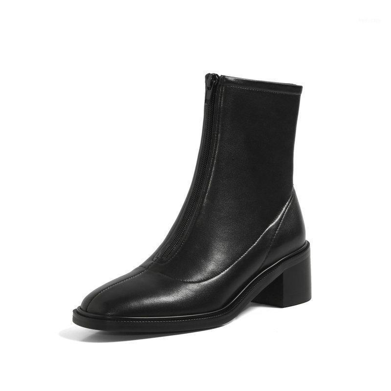 

2020 New Genuine Leather Ankle Boots for Women High Heels Zipper Short Ladies Shoes Woman Round Toe Party Wedding Shoes1, Black