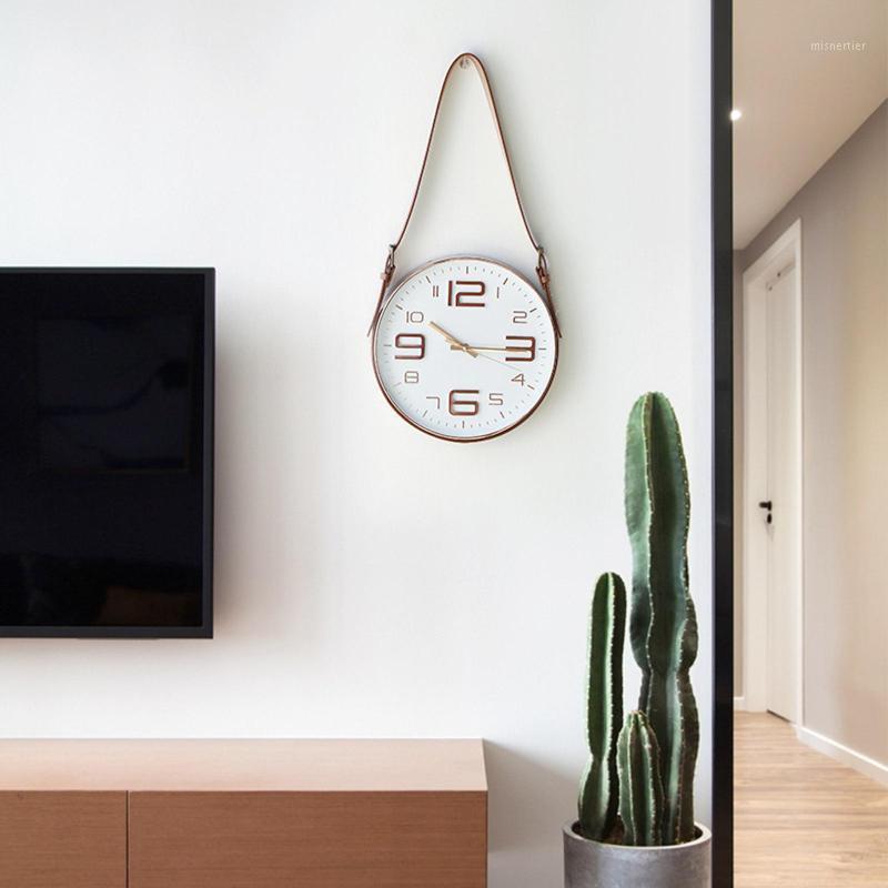 

Wall Alarm Clock Nordic Movement Glass Home Decor Paux Leather Belt Hanging Bell1