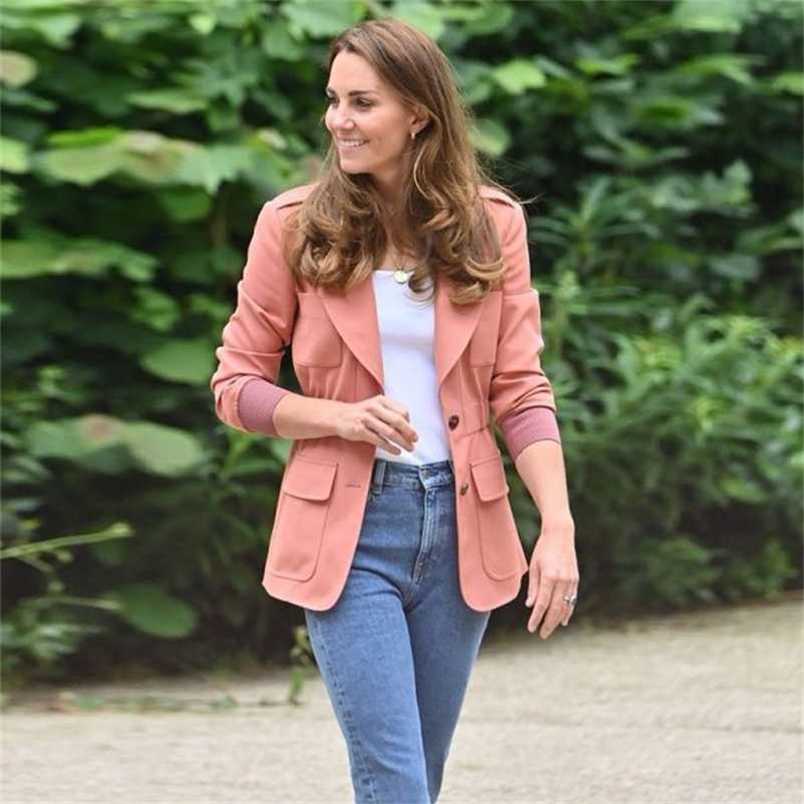 

Princess Kate Coat Spring Autumn Women's Vintage Elegant Long Sleeve Button Lapel Suit Tops Party Casual Office Jacket 220114, Pink