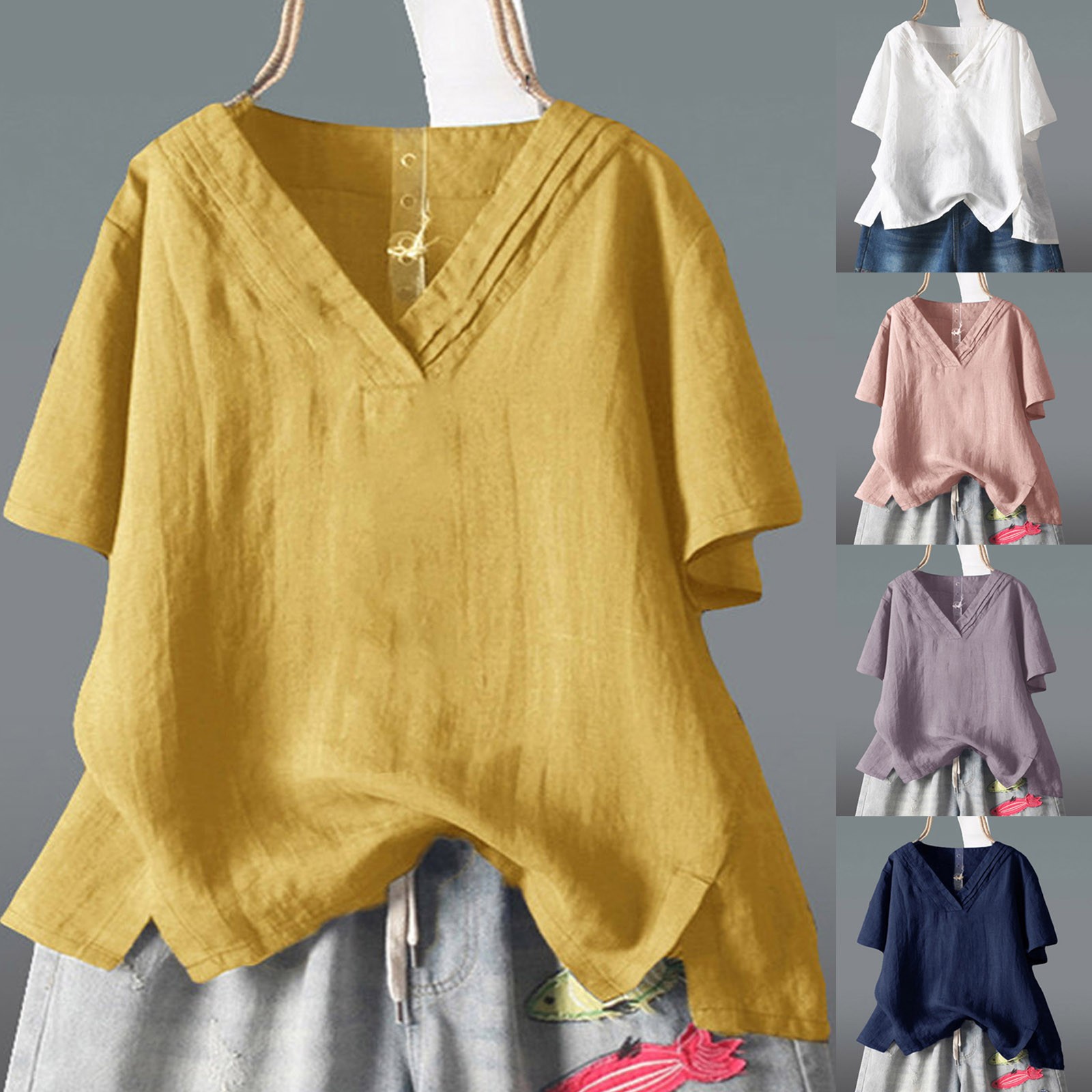 

Plus Size Women's Casual Solid Color V-neck Loose Shirts Top Blouse Pullover -5xl Big Size Shirt Wome, Blue