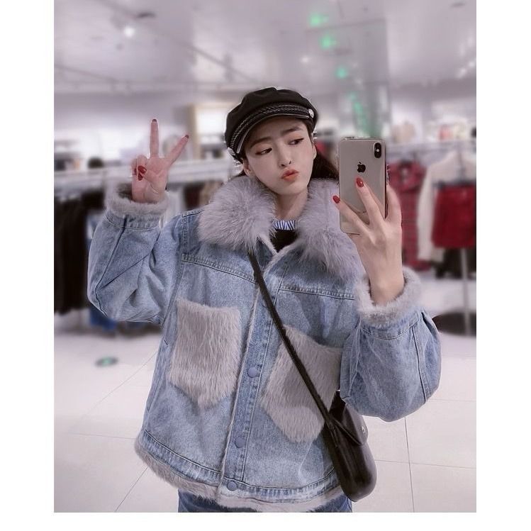

Autumn Winter Women Demin Jacket Coat Faux Fur Collar Fleece Thick Warm Famale Jackets Top Pocket Loose Lady Tops, Black;brown