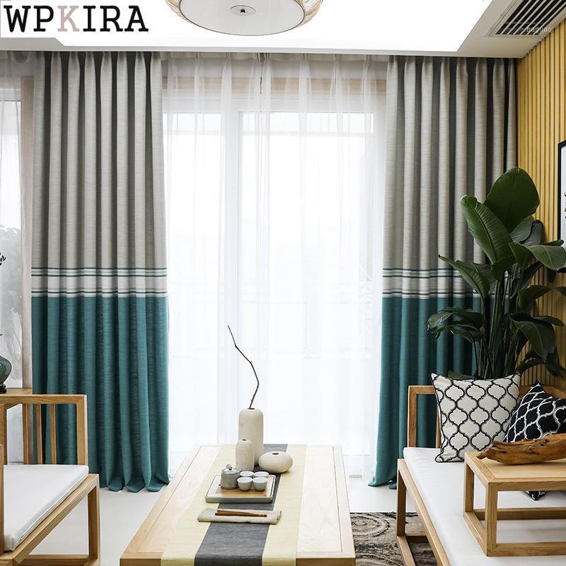 

Customzied European Cotton Linen Stripe Curtain for Living Room Modern Blue Grey Splicing Pattern Blinds S292&301, White solid tulle