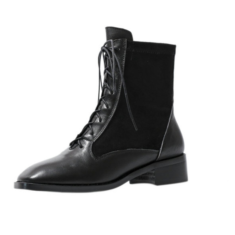 

2021 New Genuine Leather Low Heel Ankle Boots Sexy Cross Tied Handmade Woman Winter Casual Basic Shoes Qph3, Black