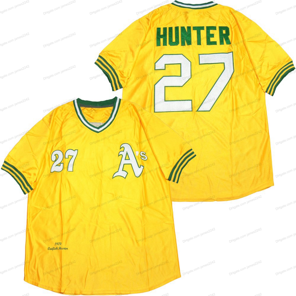 

Cheap Wholesale Retro Catfish #27 Hunter Baseball Jerseys All Stitched Yellow Size S-3XL Free Shipping High Quality Jersey