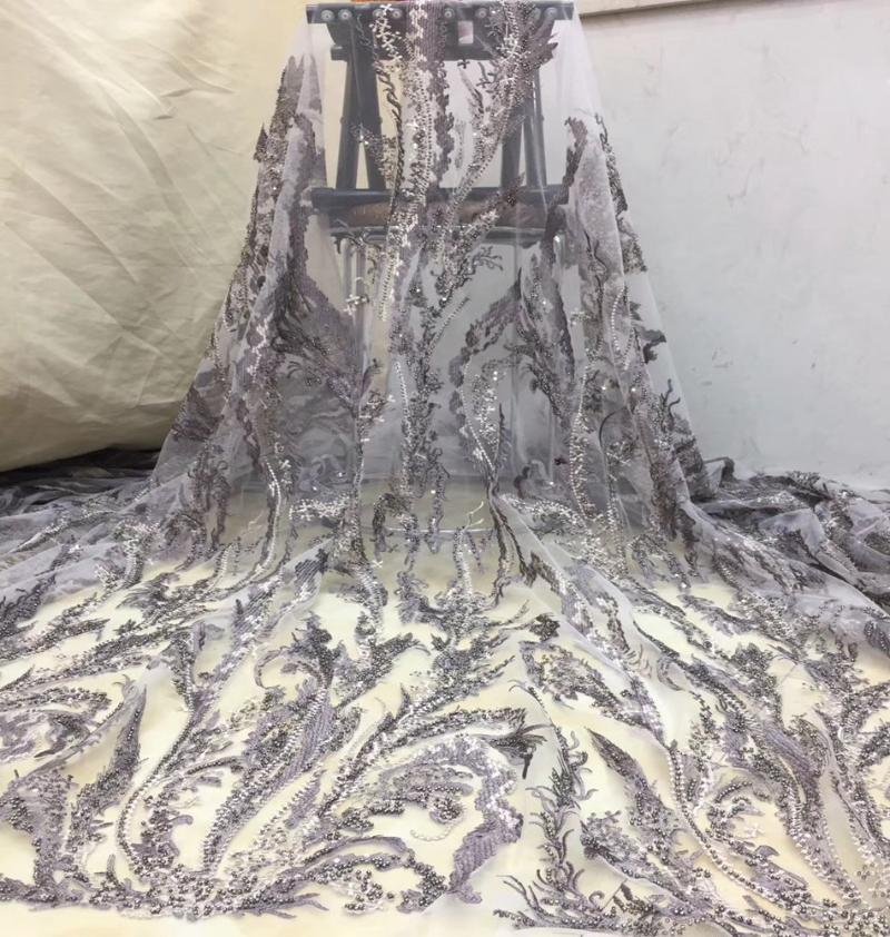 

High Quality African Tulle Sequins with luxury Hand Beaded Lace French Nigerian Lace Fabrics Embroidered Pink Fabric TS9076