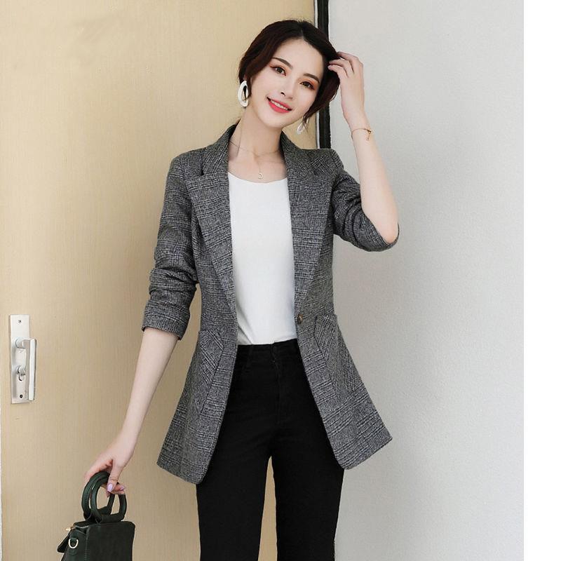 

Large Size Autumn Winter Small Suit Jacket Ladies Single Button Pocket Retro British Style Casual Gray Plaid Jacket Women, Brown