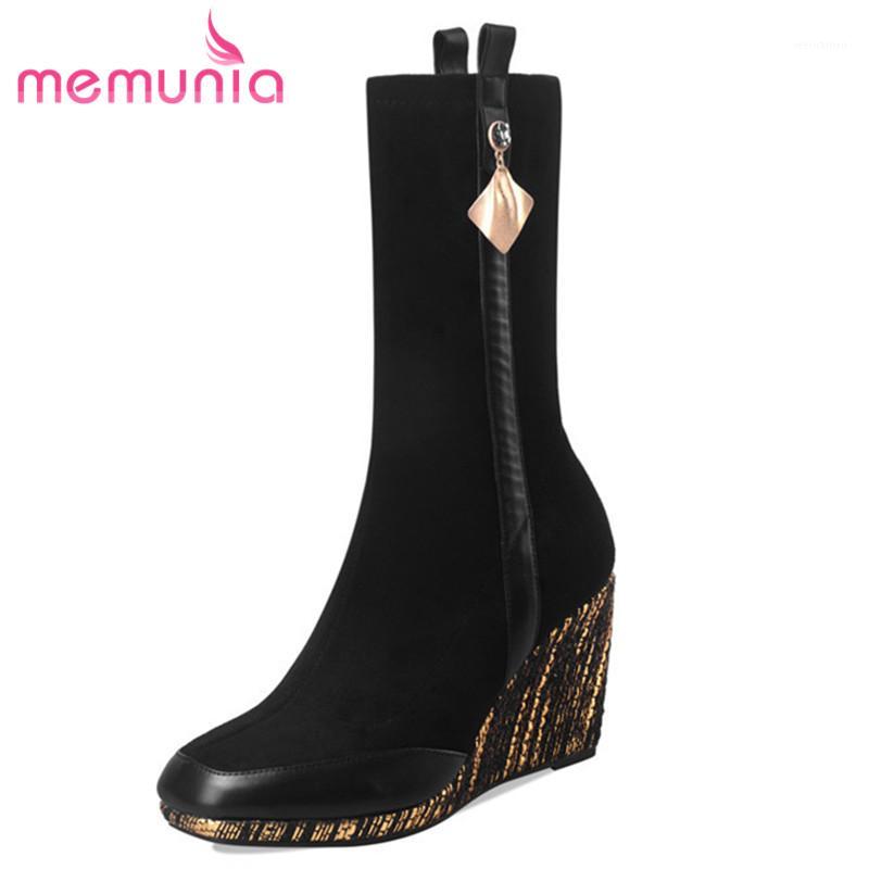 

MEMUNIA 2020 hot sale genuine leather stretch boots women round toe autumn winter wedges shoes woman ankle boots1, Black not fur