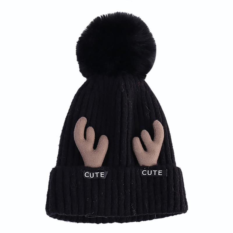 

1pc Pom Pom Decor Hat Antlers Thicken Warm Knit Beanie Cap Winter Hat For Women Girls Clothing Accessories For Winter, Black