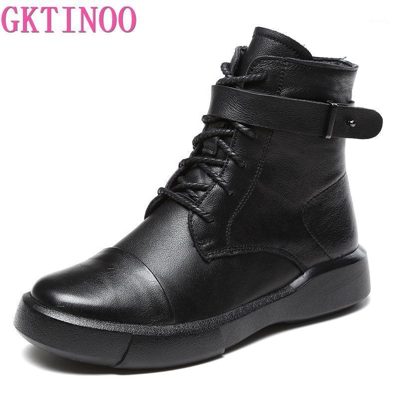 

GKTINOO Winter Boots Women Genuine Leather Ankle Boots Plush Inside Handmade Soft Flat Shoes Retro Women's Shoes1, Black