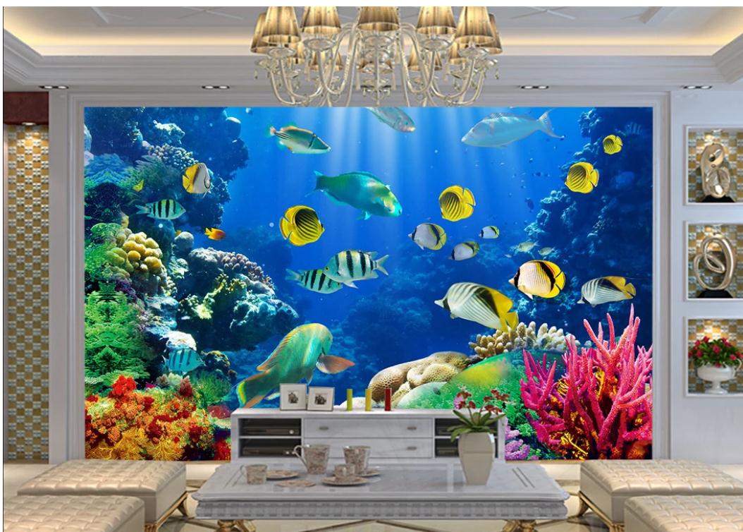 

3D stereo underwater world wallpapers tropical fish TV background wall 3d murals wallpaper for living room, Blue