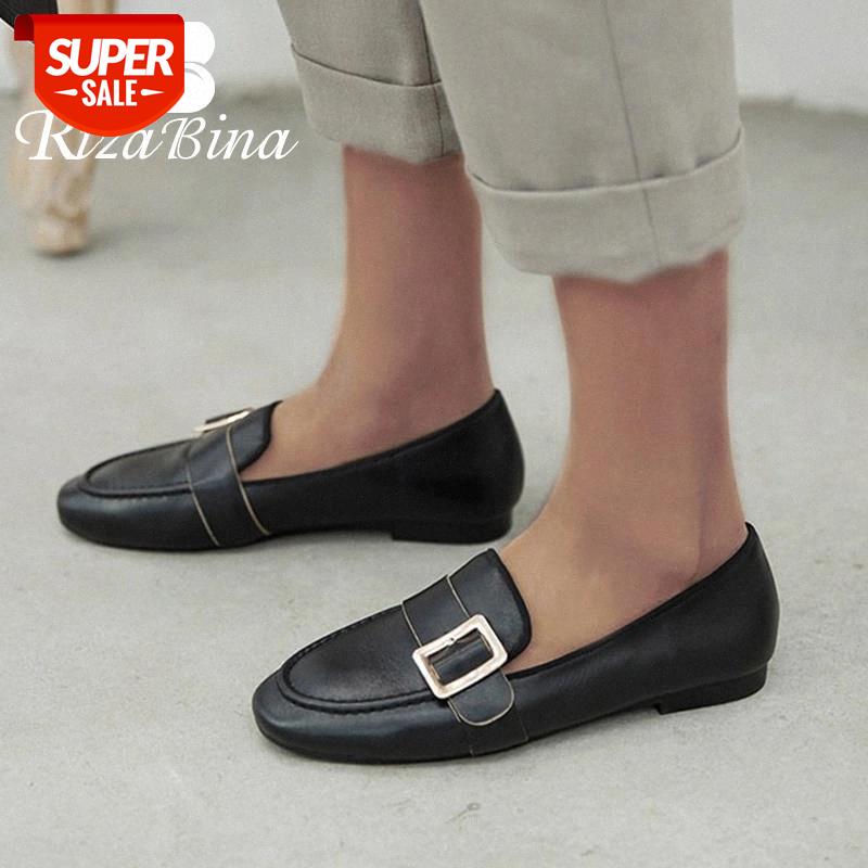 

RIZABINA Women Flats Round Toe Leather Pattern Women Brogue Shoes Metal Buckle Office Lady Work Casual Mujer Footwear Size 33-43 #5G8U, Beige