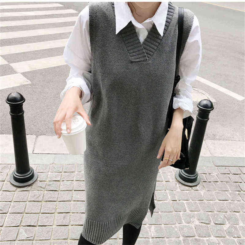 

Fall 2021 Women Clothing Loose Sleeveless Sweater Dress Women Vest Sweaters Knitting Vest Long Knitted Wool Oversize Pullover G1223, Gray