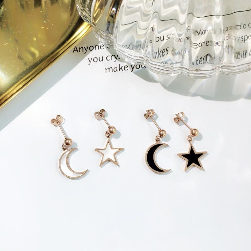 

YUN RUO 2020 Fashion Asymmetric Star Moon Stud Earring Woman Rose Gold Color Titanium Steel Jewelry Girl Birthday Gift Not Fade