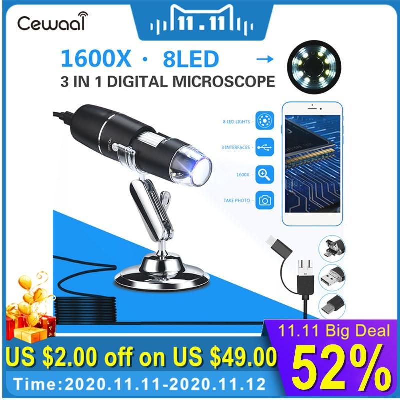 

Cewaal 3 In 1 New Portable HD 1600X 2MP Zoom Microscope 8 LED Micro USB Type-c Digital Handheld Magnifier