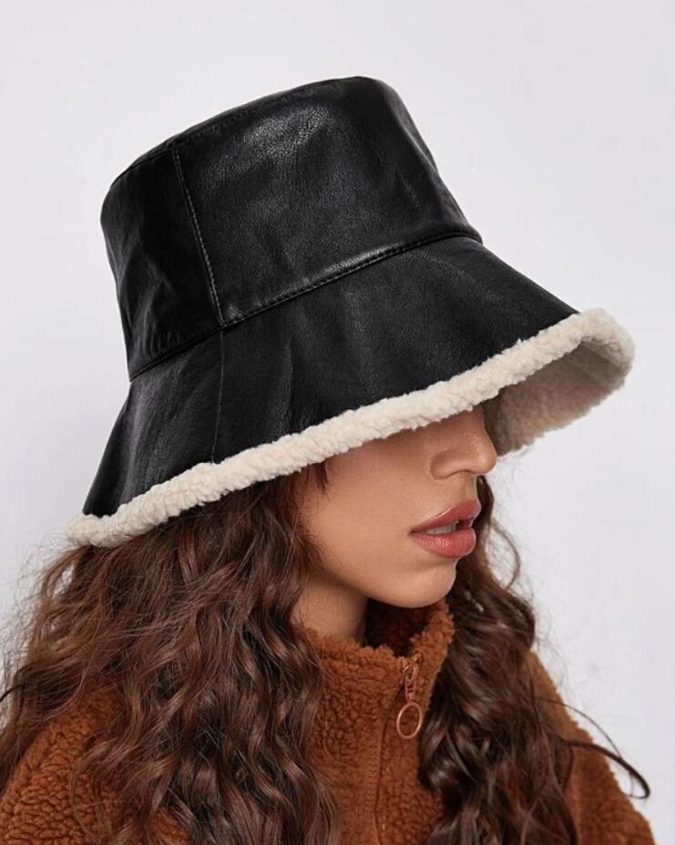 

Lamb Wool PU Bucket Hat Women Winter Caps, Black
