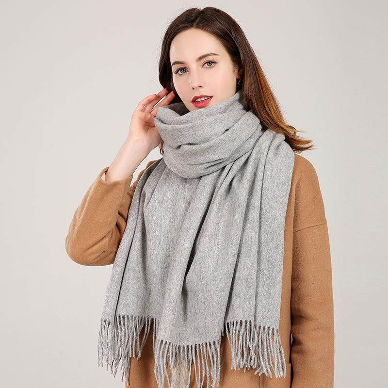 

Scarves Winter 100% Real Wool Scarf Women Neck Warmer Large Echarpe With Tassel Shawl And Wraps Cashmere Foulard Gray Pure