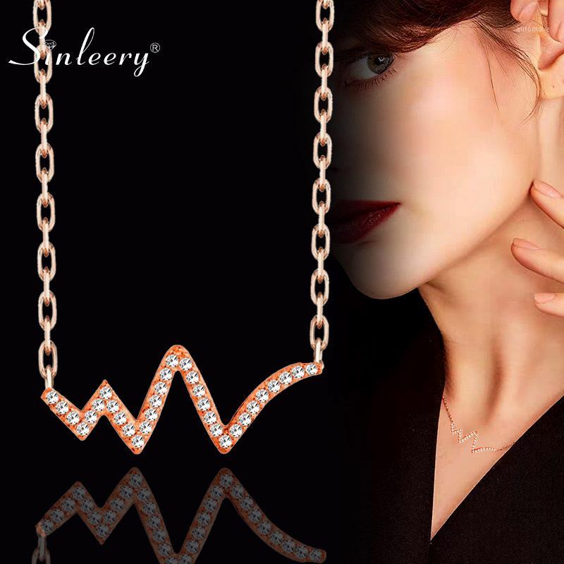 

SINLEERY Fashion Wave Pendant Necklace Micro Paved Crystal Heartbeat Necklace For Women Rose Gold Silver Color Chain Xl005 SSA1