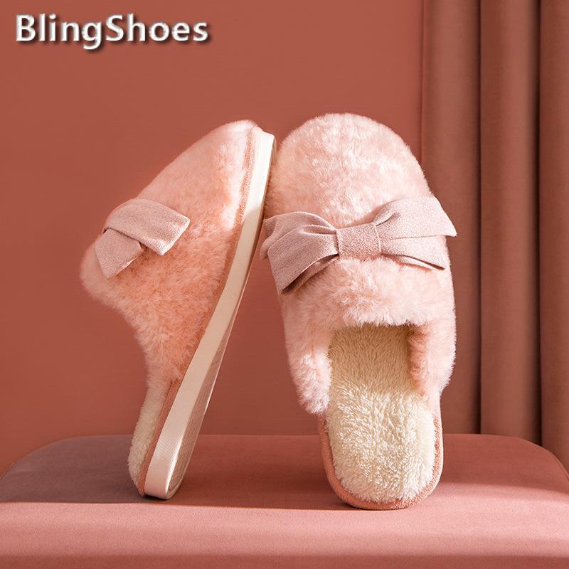 

2020 New Winter Women Warm Plush Cute Bow Slippers Fur Bedroom Couples Flat Shoes House Buttterfly-knot Ladies Furry Slippers, Beige