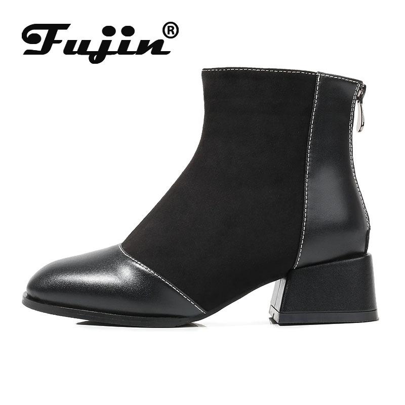 

Fujin Small Ankle Boots Women's 2020 New Student Thin Boots Chunky Semi High Heeled Ankle Round Toe Fashion Short, Black