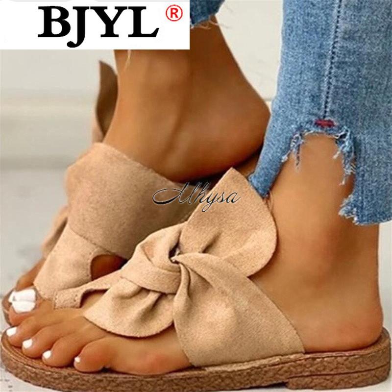 

2021 Slippers Women Flat Sandals Flock Bowknot Bohemian Sandals Summer Slippers Women Outdoor Beach Casual Shoes Woman, Beige