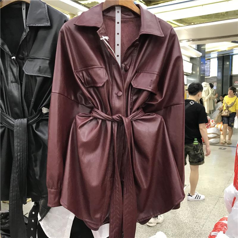 

2021 New Spring Autumn Lapel Long Sleeve Wine Red Pu Leather Belt Loose Big Size Jacket Women Coat Streetwear Fashion Oversized, Black