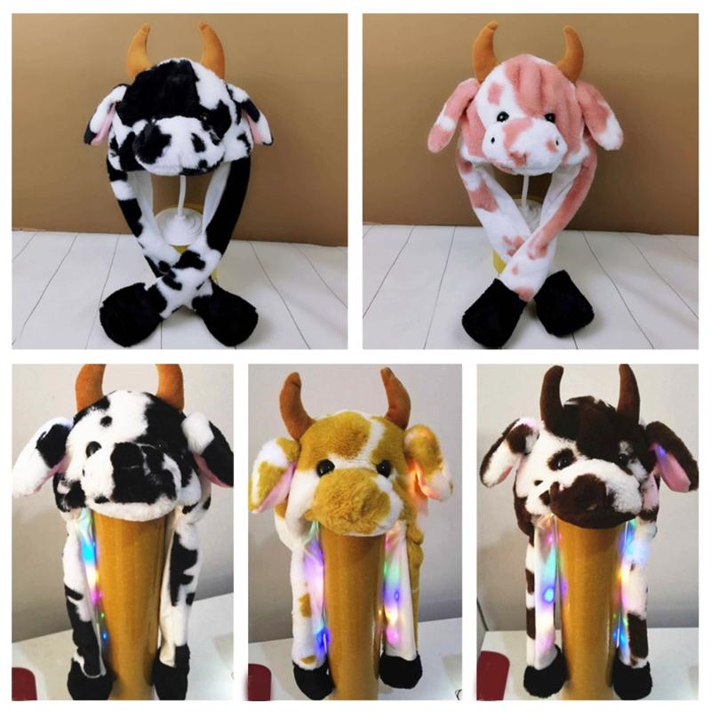 

Beanie/Skull Caps LED Light Up Plush Animal Hat With Jumping Ears Cartoon Cow Stuffed Earflap Cap N58F, Bk