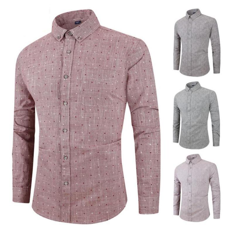 

2020 spring and autumn man casual long sleeve slim shirt male polka dot sand washed cotton long-sleeved shirt fashion tops, Red