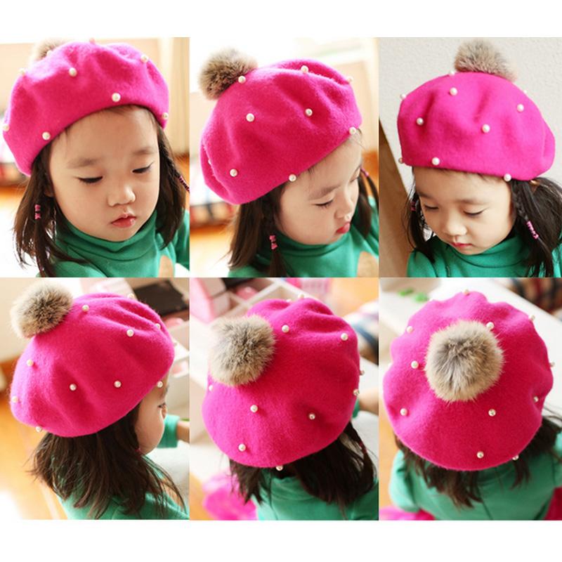 

Lovely Pearl Beret Wool Painter Baby Hats With Pompom Warm Winter Solid Color Baby Girls Beret Cap For Kids, Black
