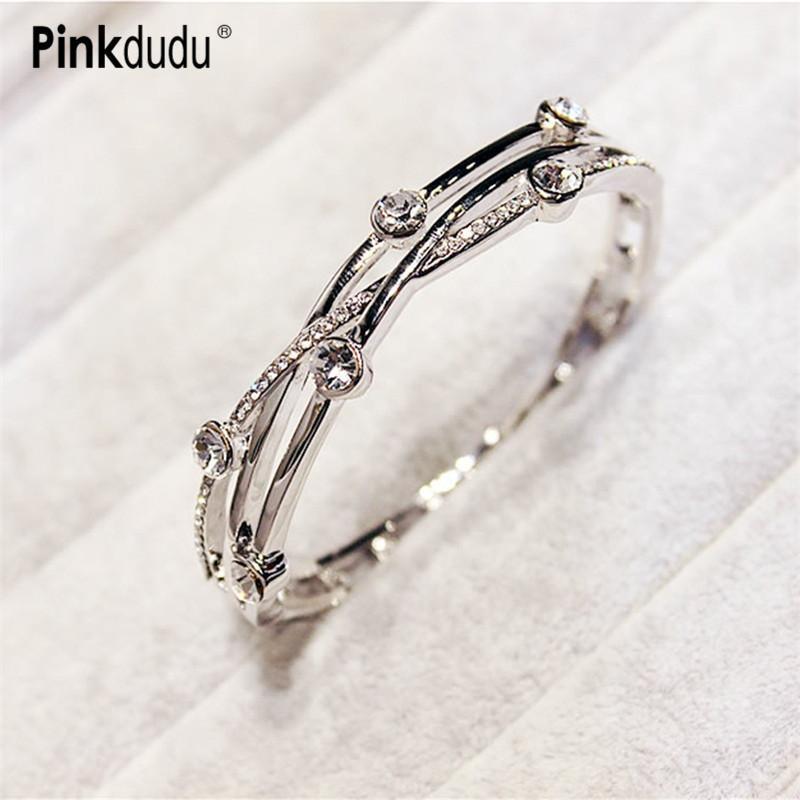 

Pinkdudu Fashion Sparkly White Crystal Multilayer Handchains Gold Silver Hollow Bracelets and Bangles for Women Jewelry PD1431